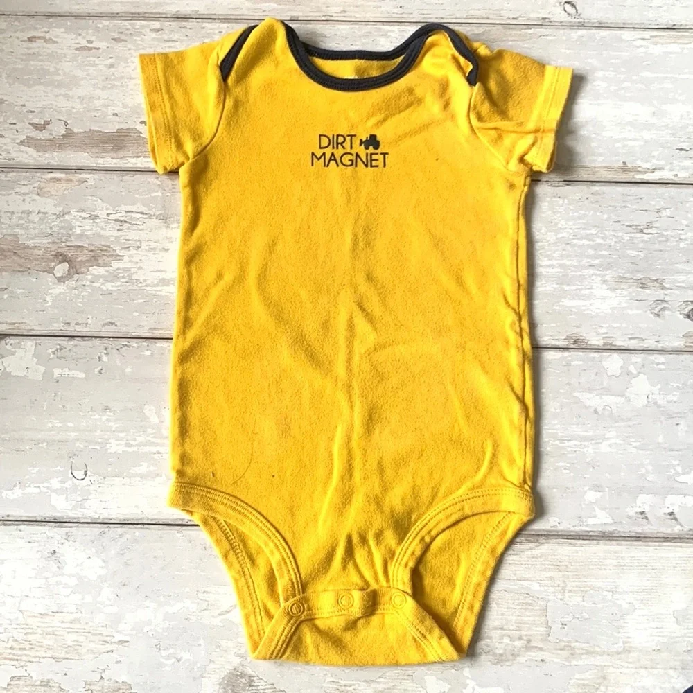 Carters 12m Boys Outfit Navy Blue Pants Dirt Magnet Yellow Onesie Baby Kids
